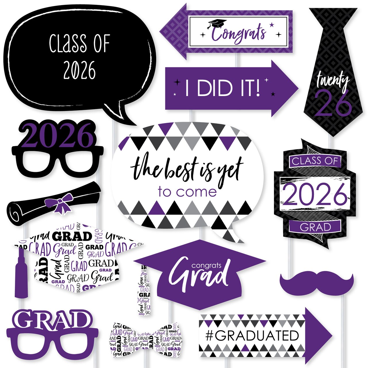 Big Dot of Happiness Purple 2026 Graduation Party Photo Booth Props Kit - 20 Count